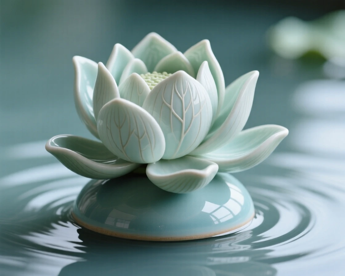 A delicate lotus floating atop still water captured at the peak of full bloom, with veins tracing intricate natural patterns, stirring feelings of peace and gentle growth.