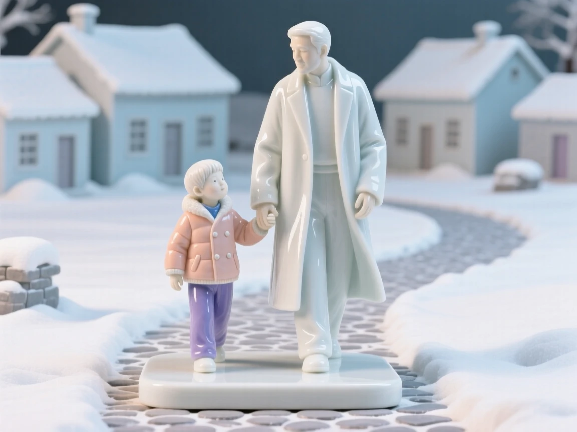A tender scene of a father and son walking hand in hand along a path in a snowy village square, light catching the folds of her dress.
