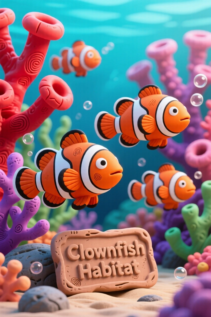 A school of clownfish darting through vibrant coral anemones