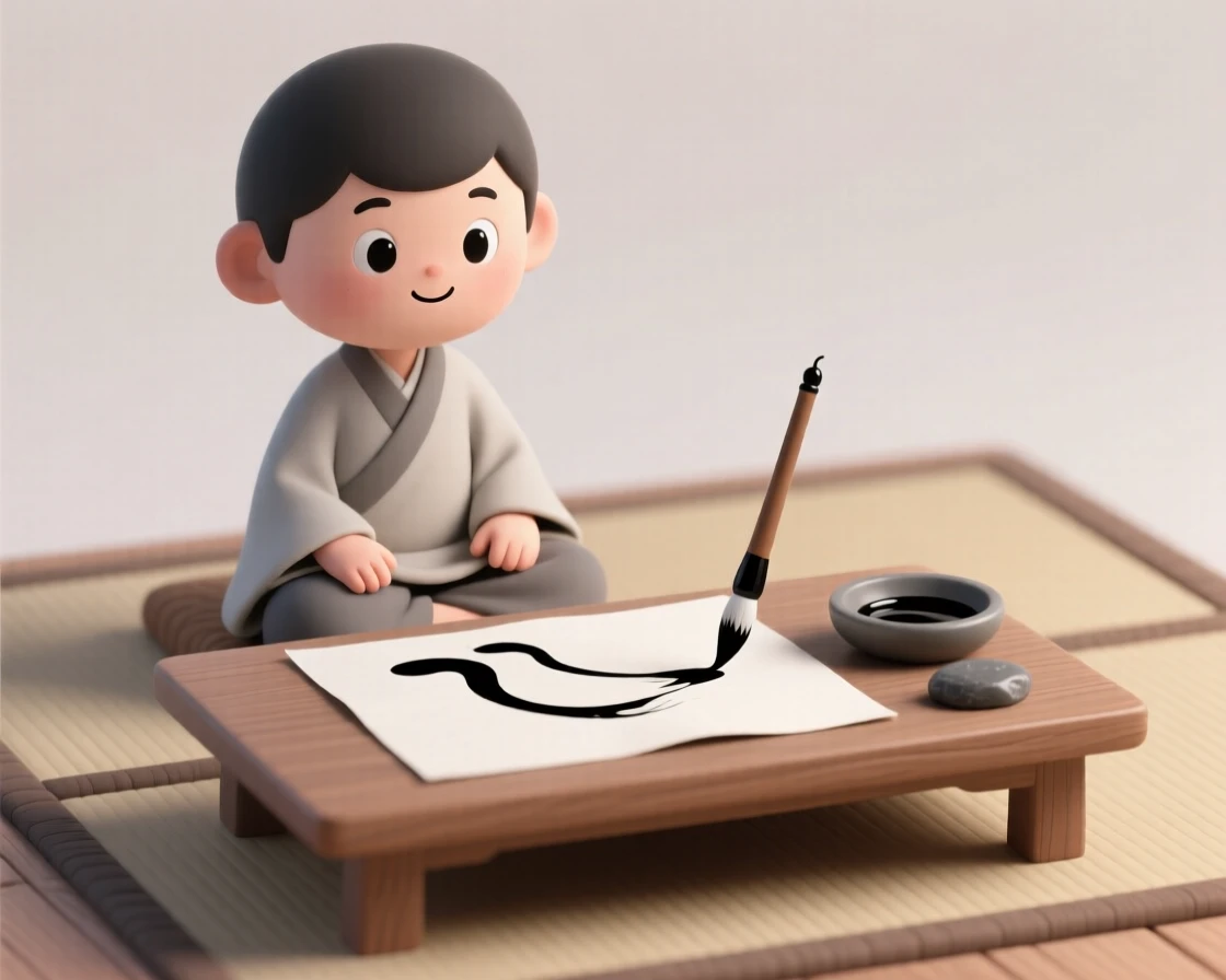 A young calligraphy student practices flowing brush strokes on rice paper, ink pooling gently at the edge of each stroke.