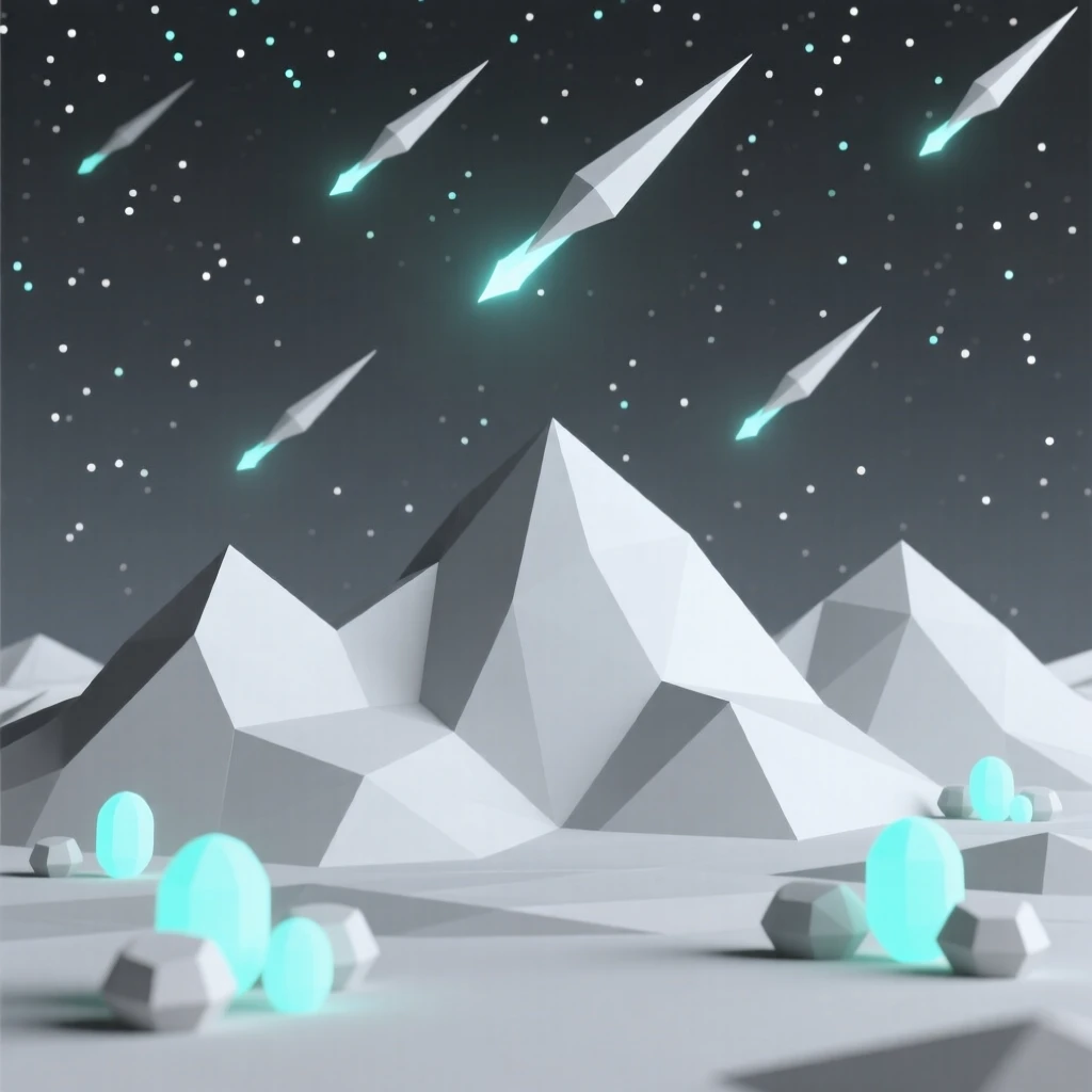 A meteor shower streaking above a silent mountain range, surrounded by glowing bioluminescent light. rich color gradients enhance the dreamlike atmosphere. The scene feels vast, mysterious, and awe-inspiring.