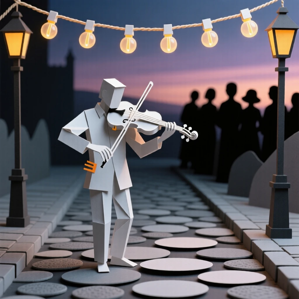 A violinist performing alone on a quiet cobblestone street at dusk, string lights glowing above, a small crowd of silhouettes listening nearby, evoking the magic of impromptu art.