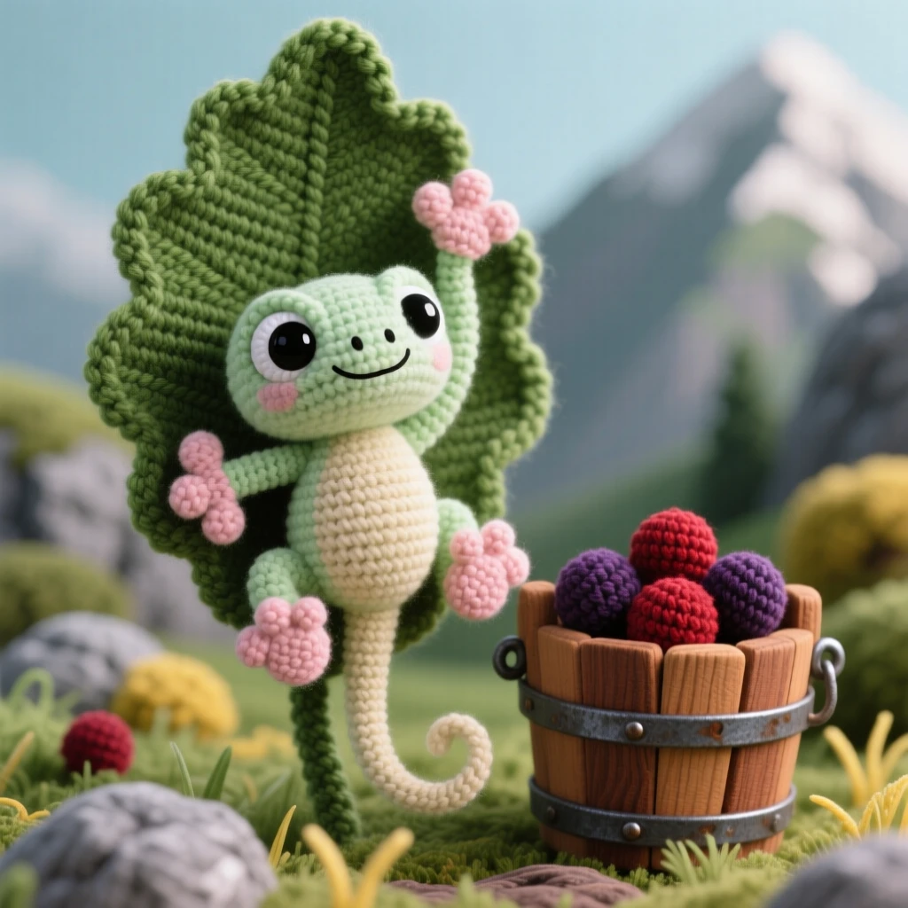 a baby gecko with translucent skin and round toe pads is shown clinging upside down to a leaf within a mountain meadow with scattered boulders, accompanied by a small wooden bucket half filled with berries, capturing a peaceful, drowsy calm settling over the scene.