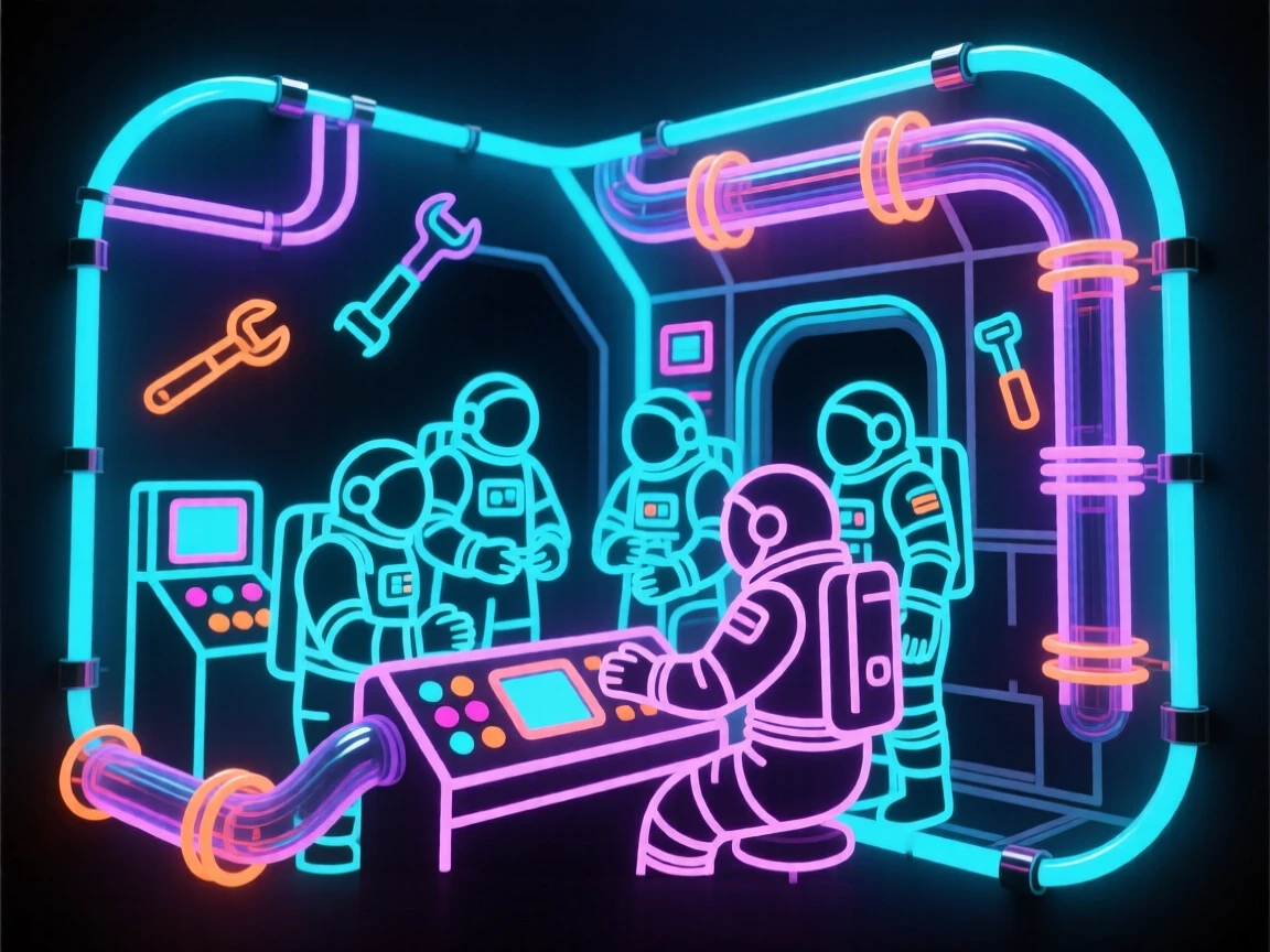 A lively scene of a group of astronauts working together inside a space station module.