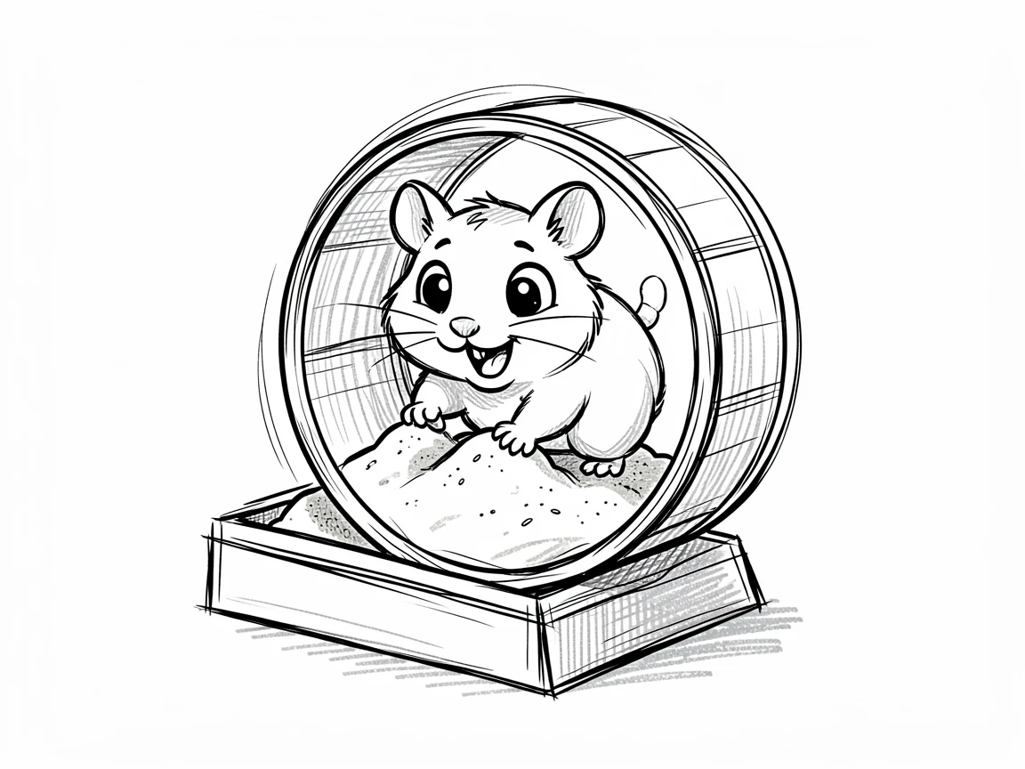 A hamster in a wheel digging happily in a sandbox.