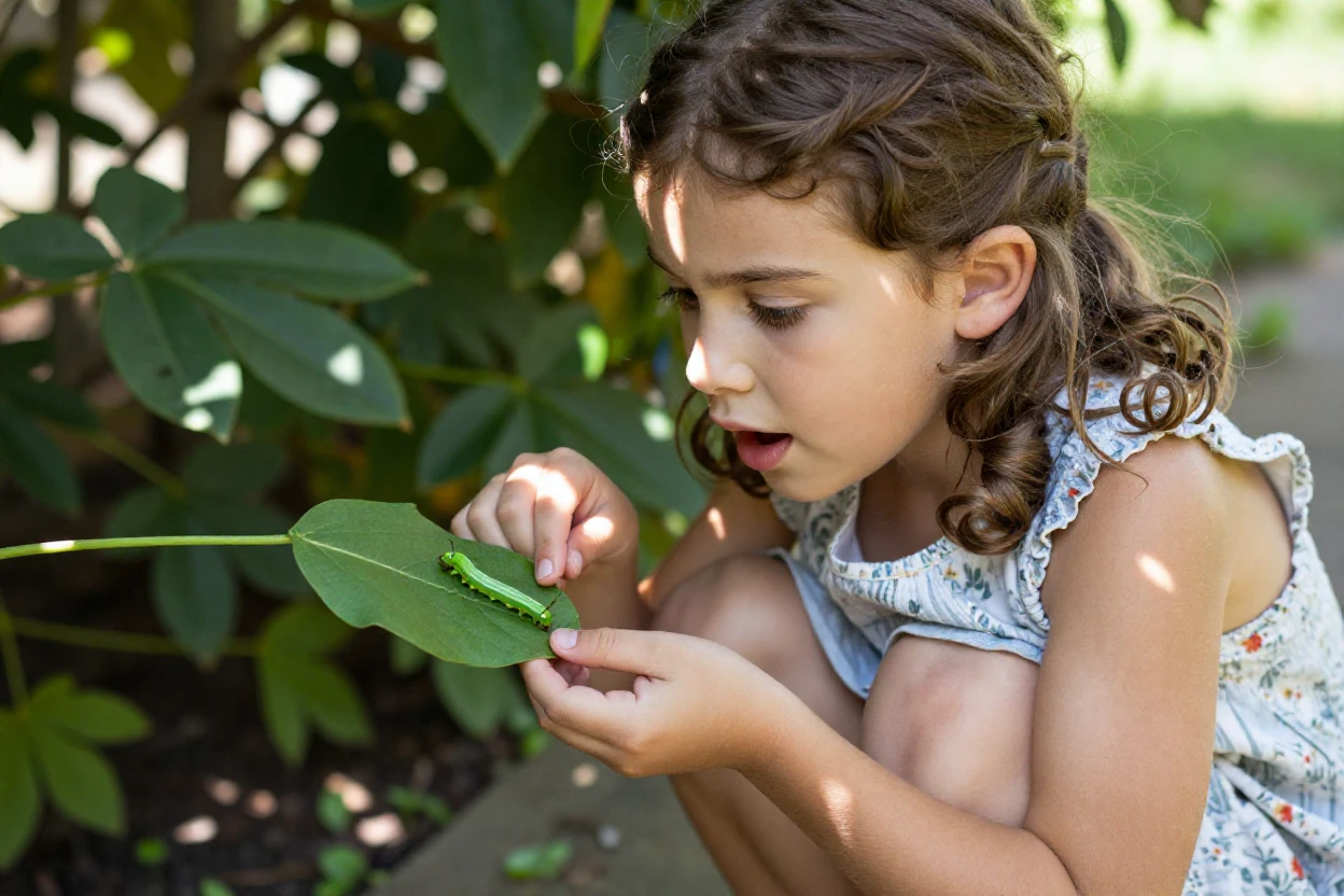A young girl discovers a caterpillar inching along a leaf and watches with wide eyes.