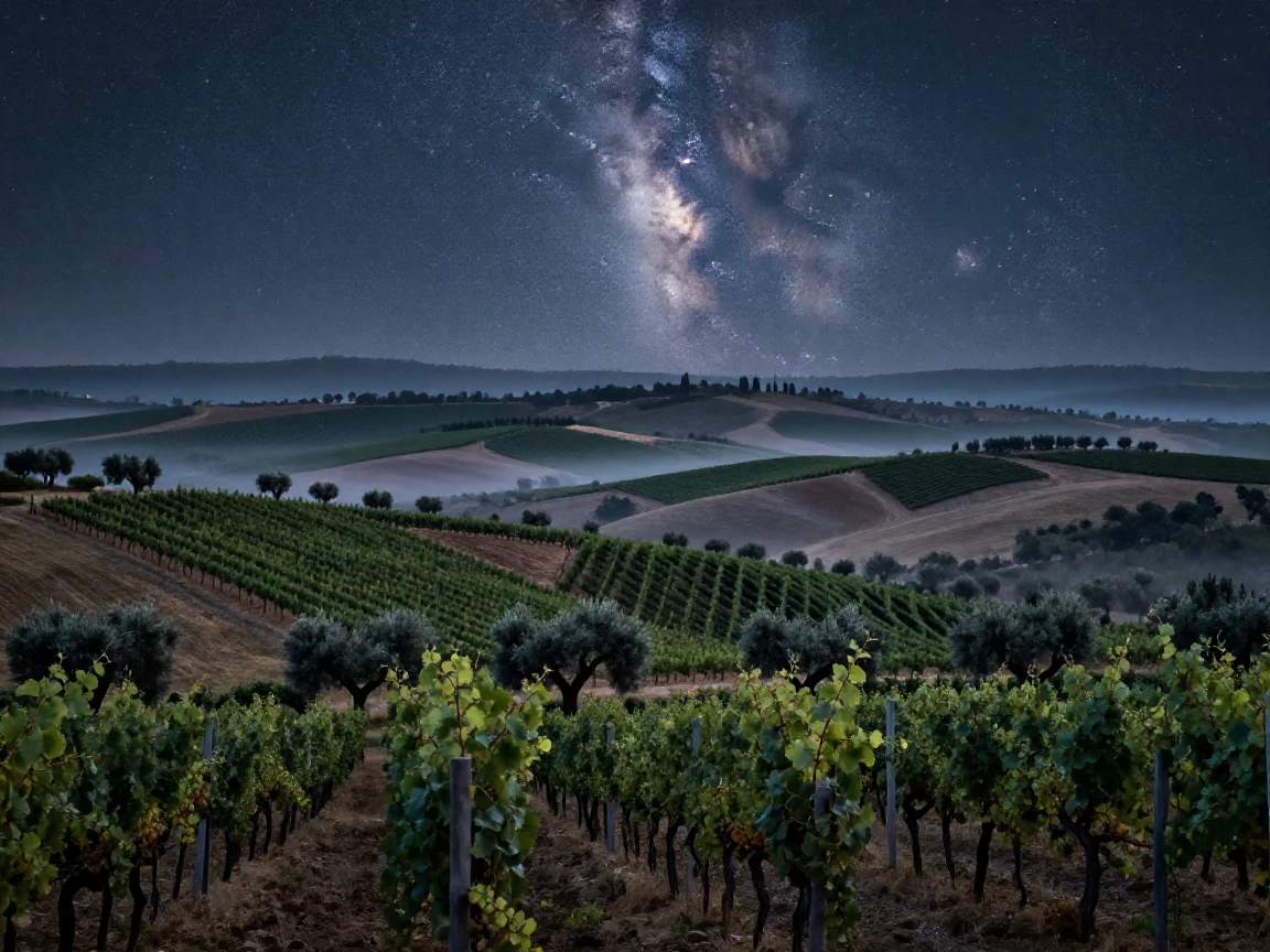 A rolling patchwork of vineyards and olive groves, stretching endlessly under a sky full of stars