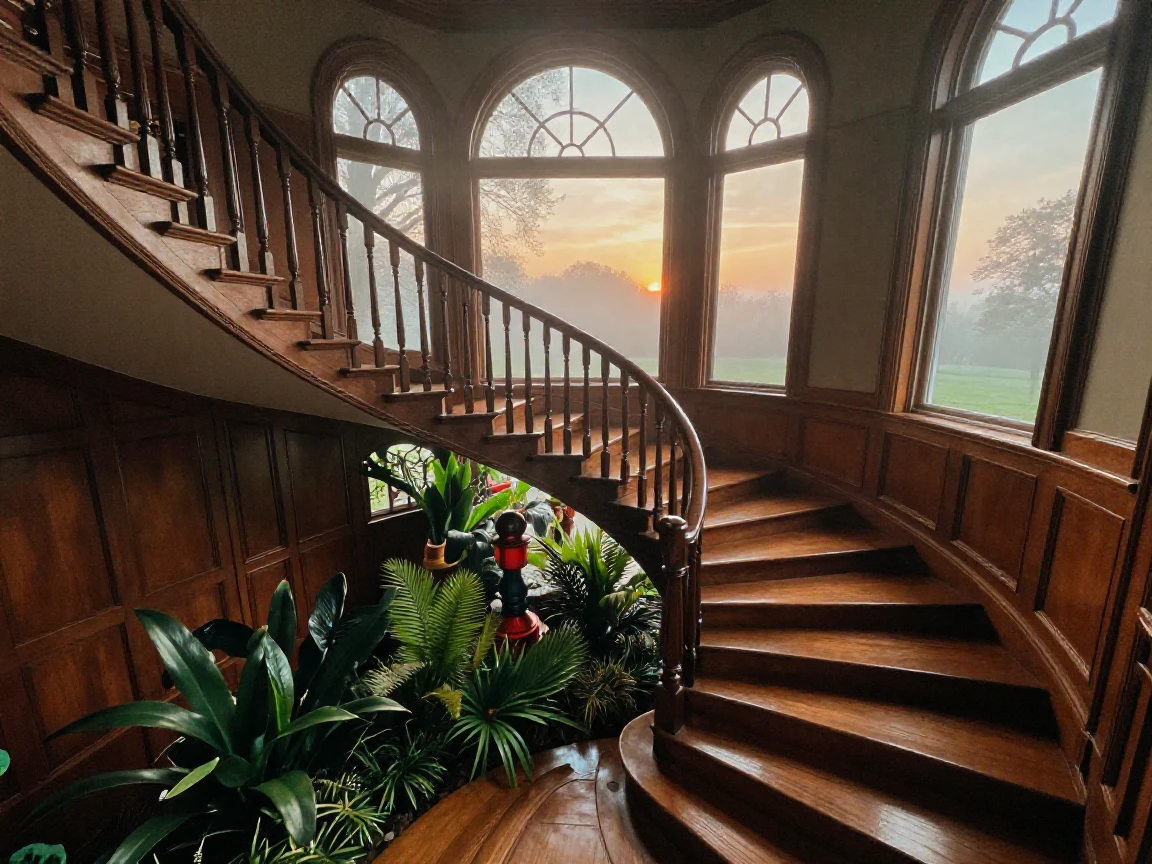 A grand staircase winding through an old manor house, under a glowing sunset sky, in thick rolling fog, in early spring, with deep emerald greens and browns, shot from directly overhead.