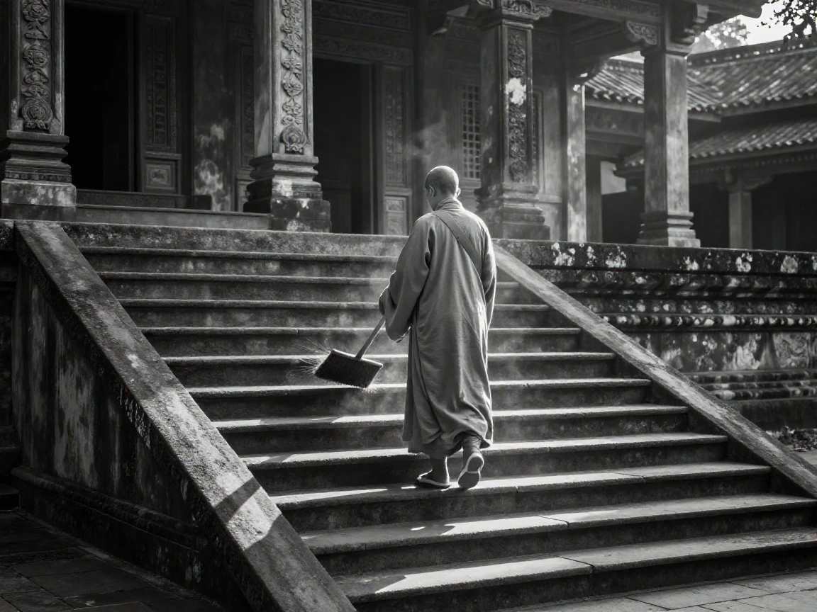 A monk sweeps the steps of an ancient temple at first light.
