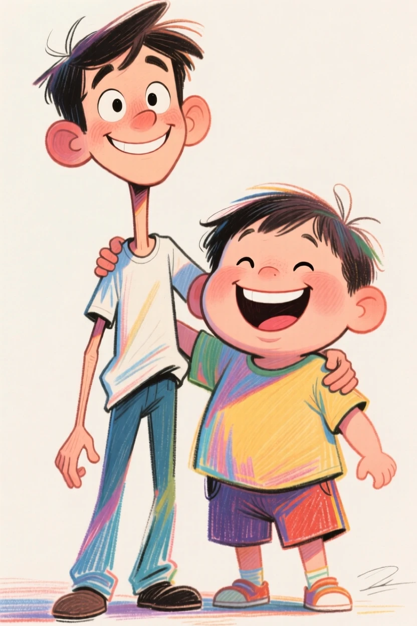 A pair of childhood best friends, one tall and one short, arms slung over each other's shoulders.