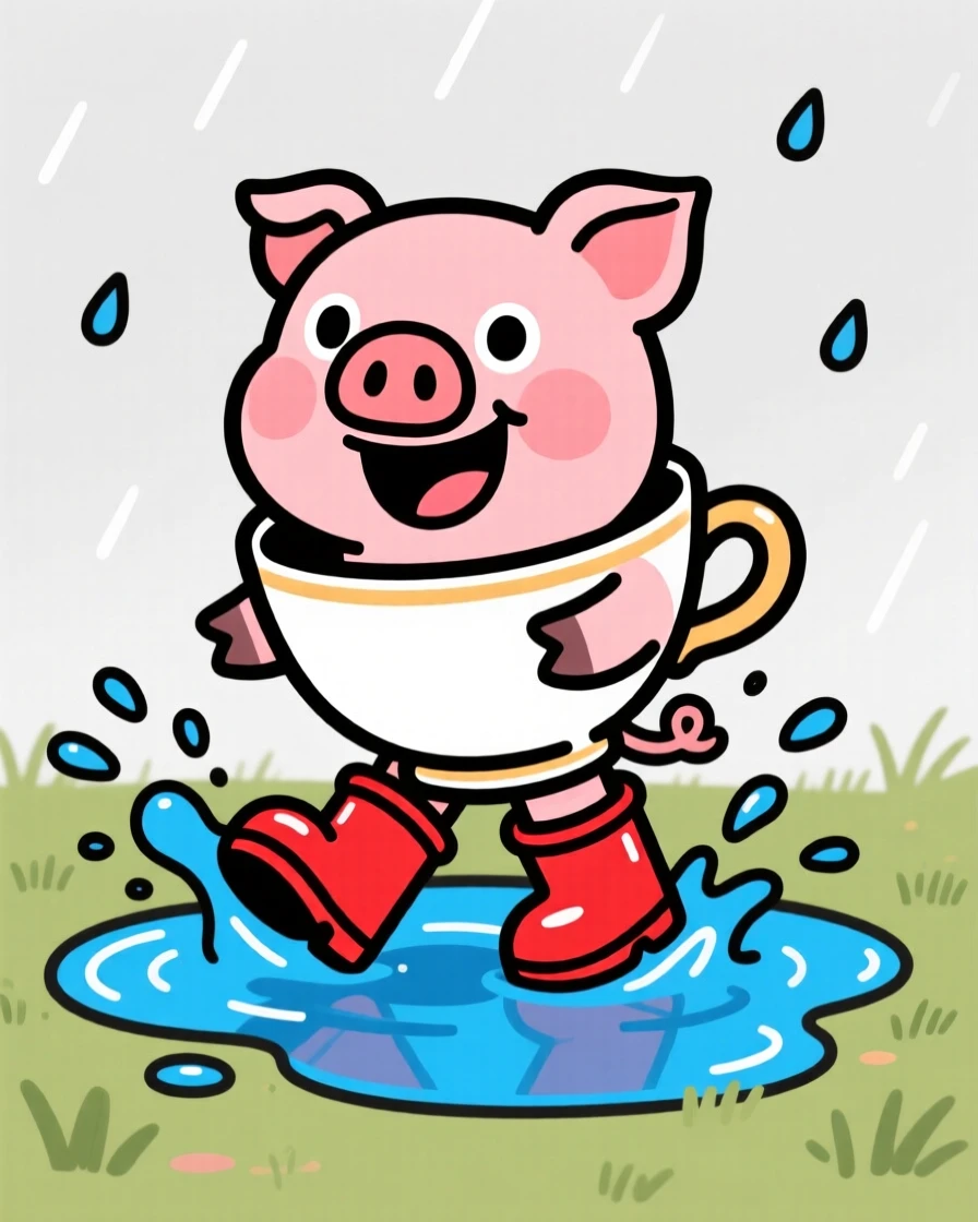 A playful pet moment featuring a tiny teacup pig wearing rain boots, splashing gleefully through a puddle.