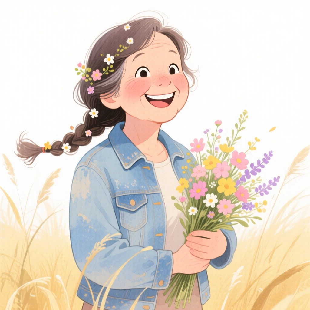 A middle-aged woman with tight braids adorned with tiny flowers, grinning ear to ear, wearing a vintage denim jacket and cradling a bouquet of wildflowers, in a field of tall golden grass