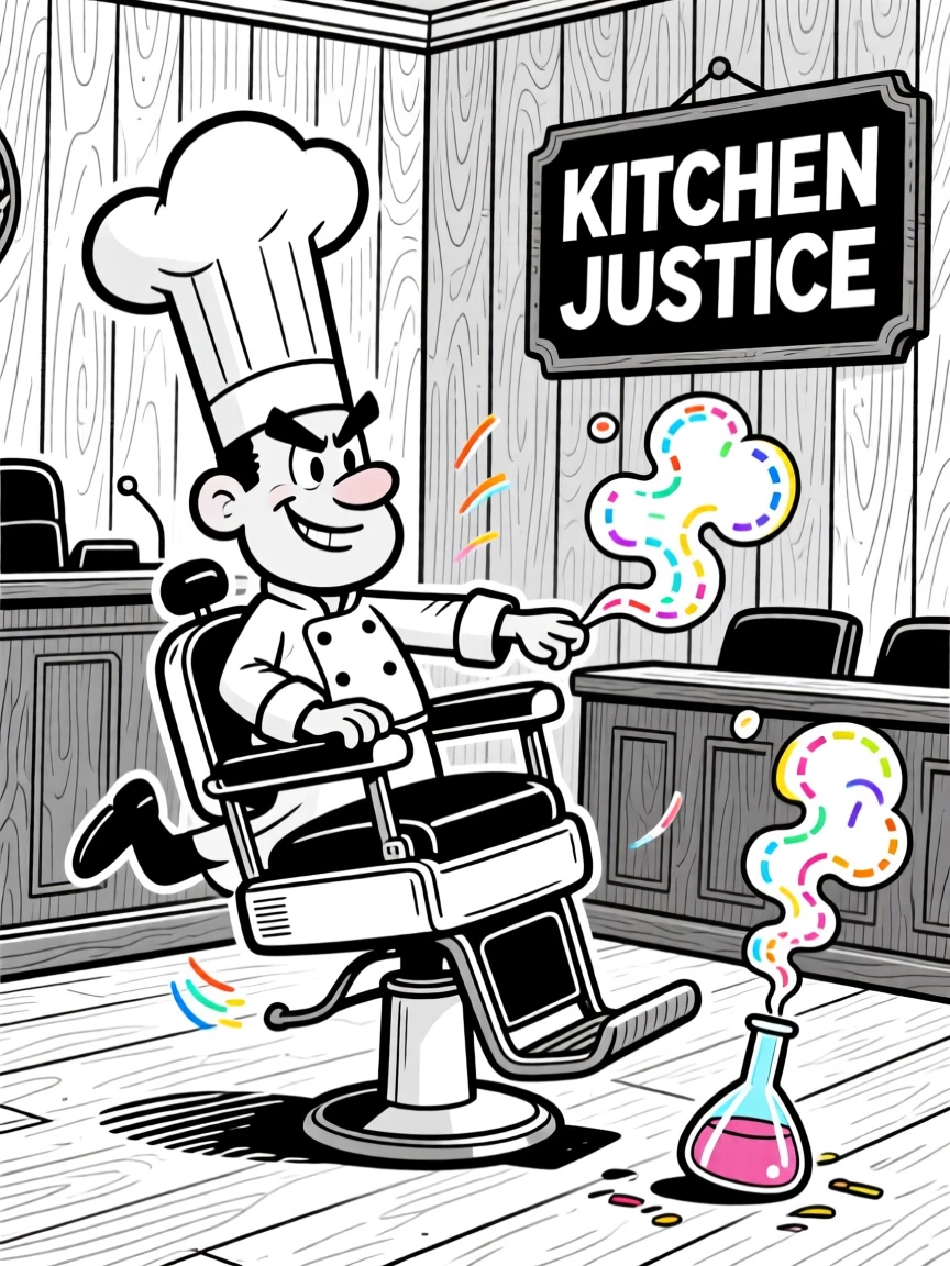 A no-nonsense chef with a towering white hat, spinning the barber chair with a flourish, set in a wood-paneled courtroom. Colorful smoke puffs from an overturned flask. There's pride and humor woven into the moment.