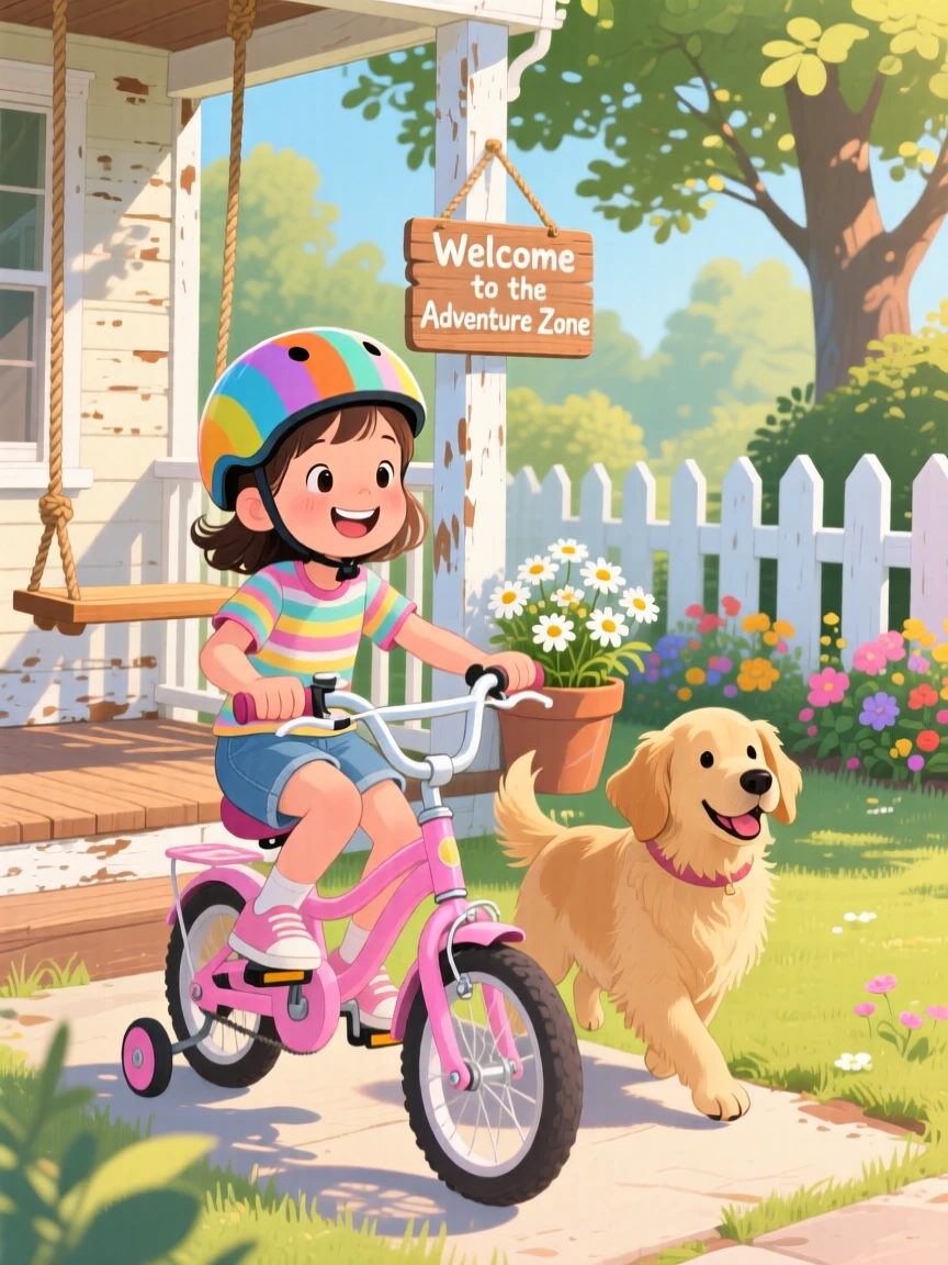 With a beloved family dog close by, a girl with a gap-toothed smile is learning to ride a bicycle, while the porch swing creaks gently.