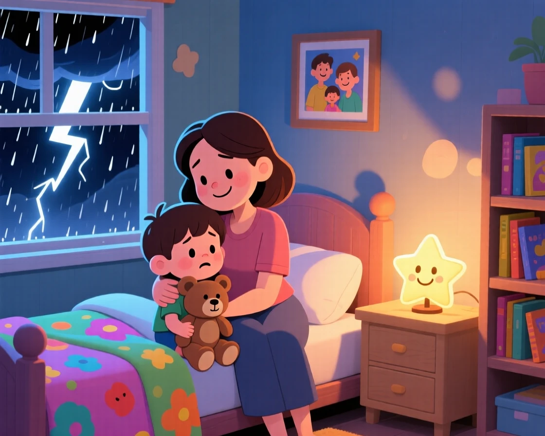 A mother comforting her child during a thunderstorm with a nightlight glowing.