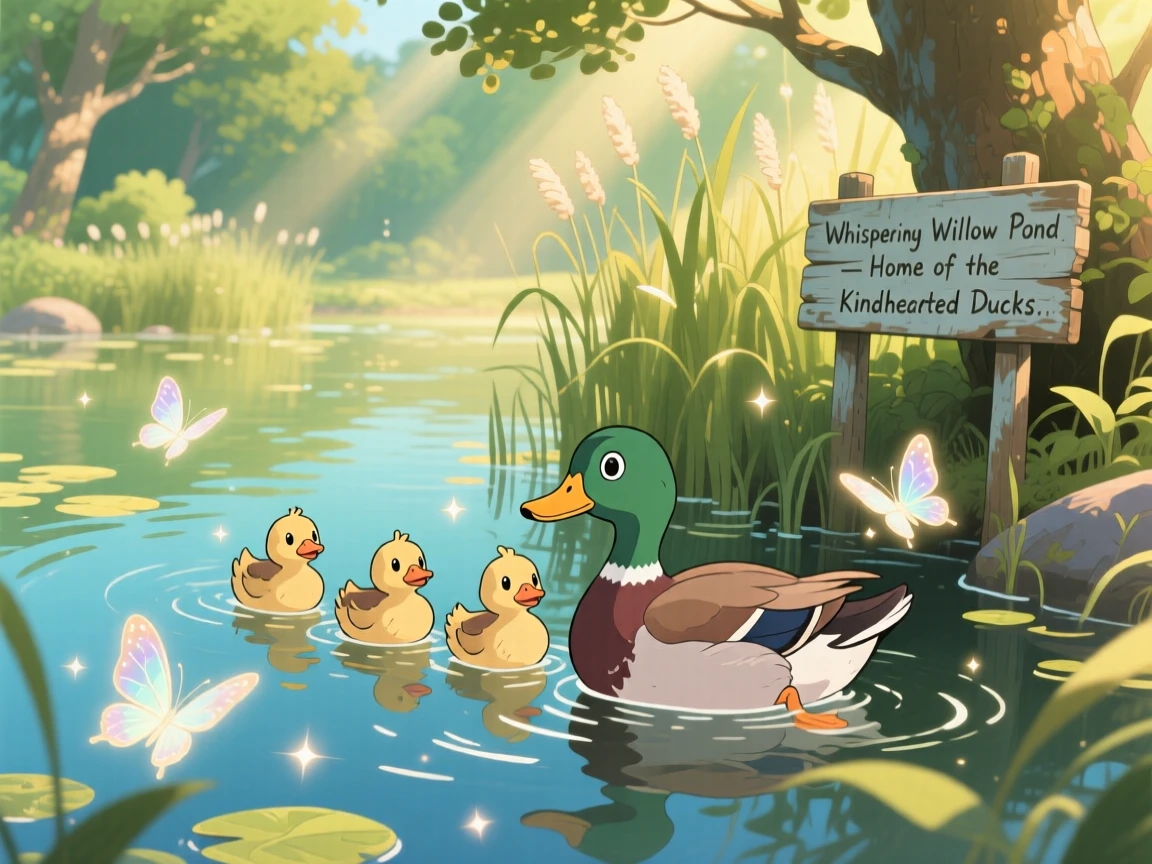 A family of ducklings following their mother across a pond, as butterflies flutter past, radiating pure charm.