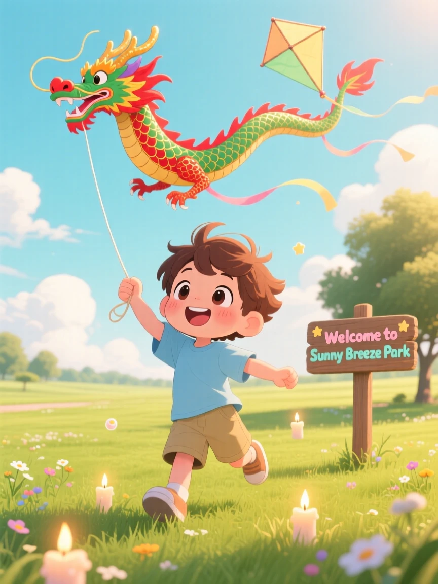 Wide establishing shot of a small boy, flying a kite shaped like a dragon, in an open grassy park under a breezy sky, during a light summer breeze, illuminated by gentle candlelight, radiating bubbly enthusiasm.