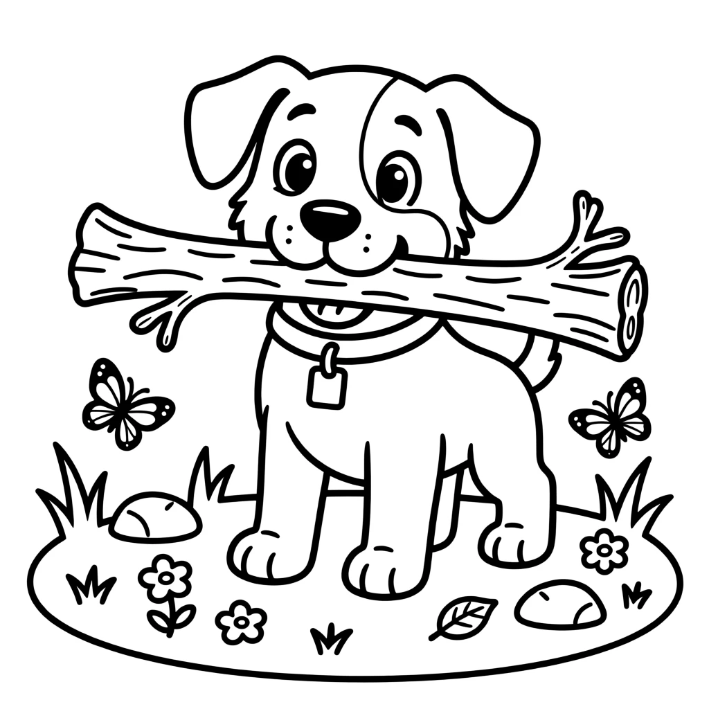 A puppy proudly carrying a stick twice its size