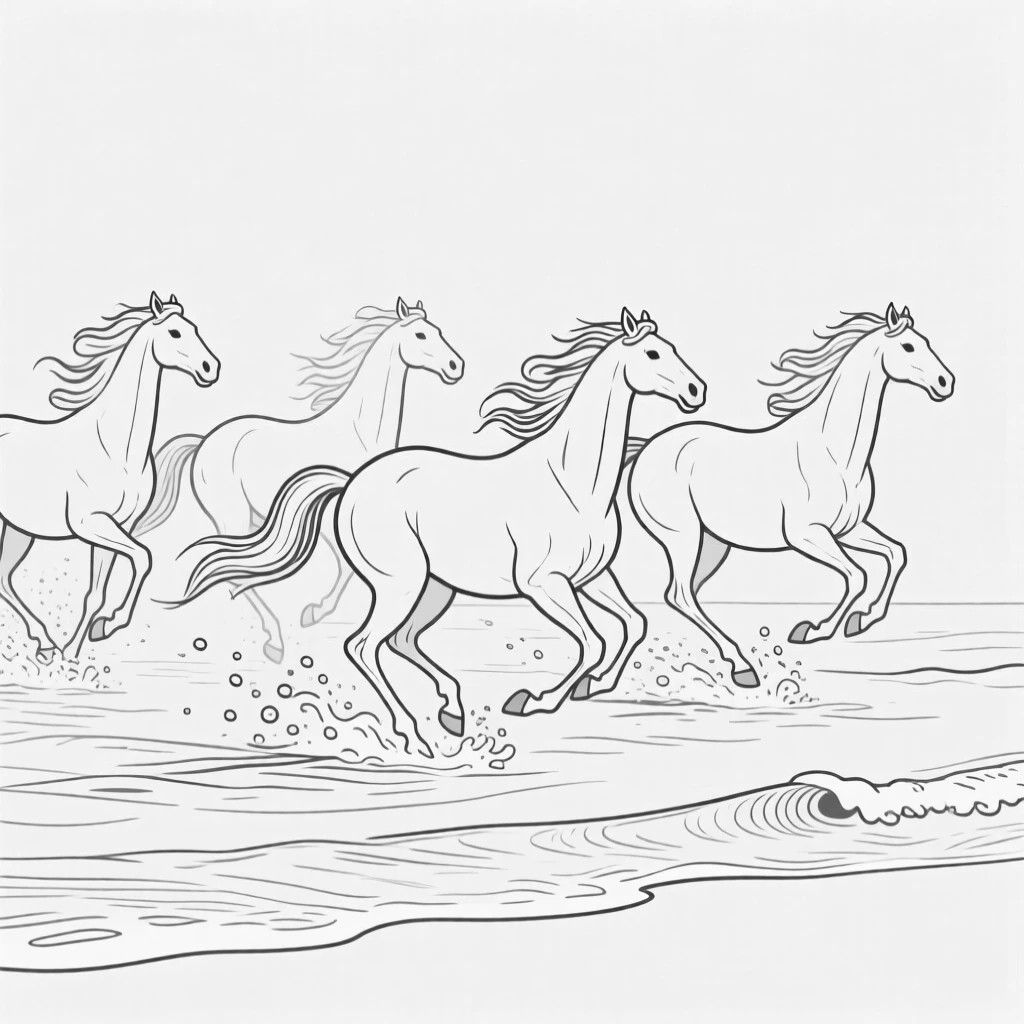 A herd of wild horses galloping through shallow surf