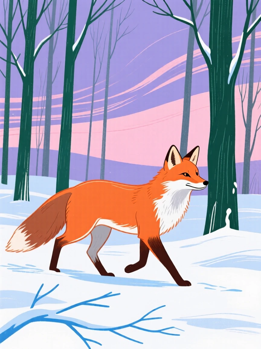A fox trotting through a quiet snowy forest at twilight.