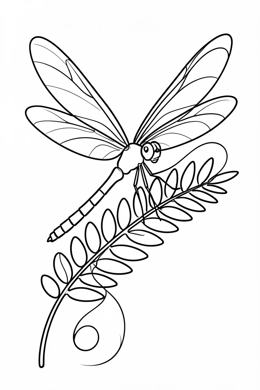 A prehistoric dragonfly with enormous wings resting on a fern frond
