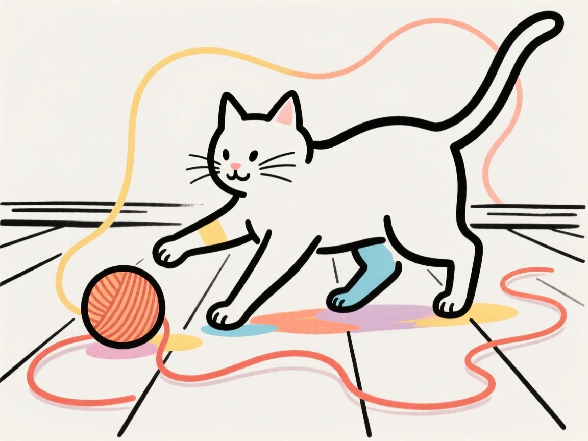 A kitten batting at a ball of yarn unraveling across the floor.