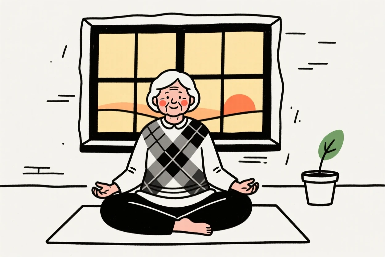 A grandmother of Scottish heritage practicing yoga at sunrise, by a rustic farmhouse window.
