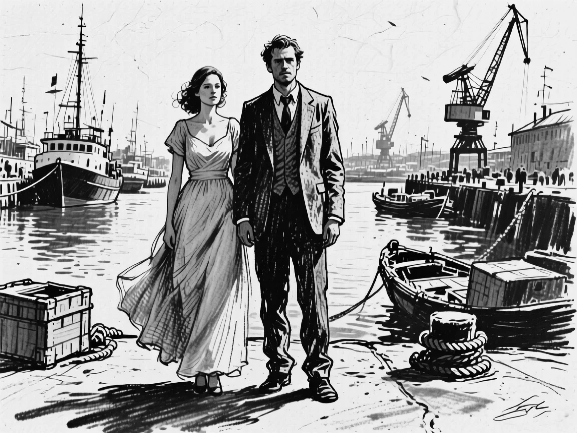A newlywed couple looking directly at the viewer with quiet determination, at the edge of a bustling harbor.