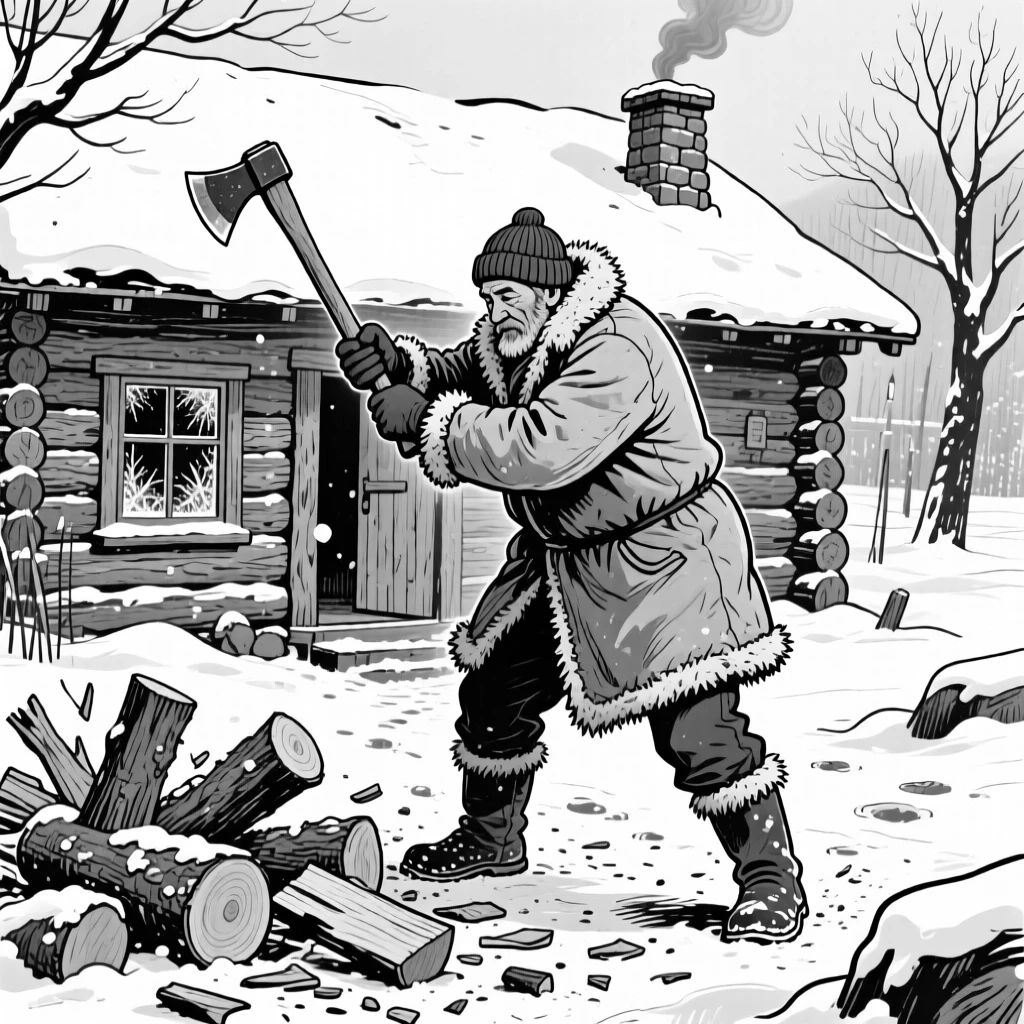 A man chopping firewood outside a snow-covered cabin.