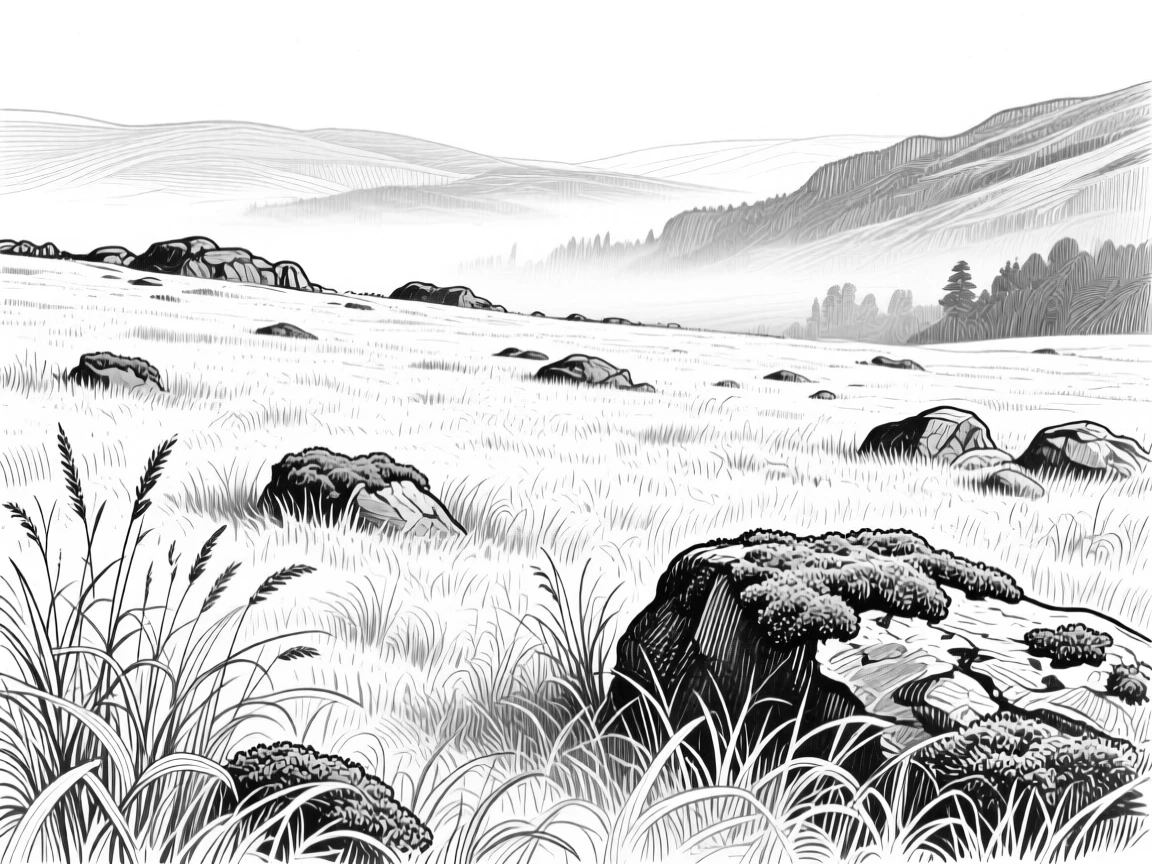 A field of wild grasses as fog rolls slowly across the valley, with patches of moss clinging to weathered rock, evoking a peaceful and untouched atmosphere in a wide, balanced composition.