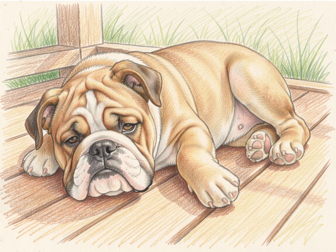 A sleepy bulldog puppy sprawled across a sunny porch, framed by a simple, uncluttered natural setting, radiating warmth, innocence, and gentle charm.