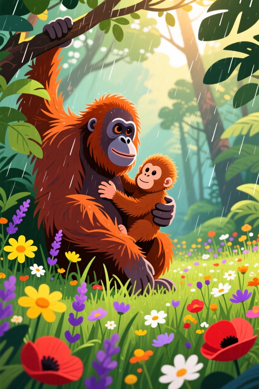 A baby orangutan clinging to its mother in the rainforest canopy, surrounded by a sunlit meadow filled with wildflowers, framed from a low angle to feel grand and majestic, with vivid, richly saturated colors that pop.