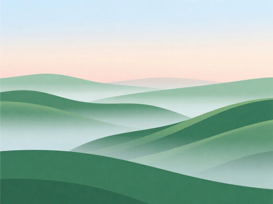 A dawn view of rolling green hills, with layers of mist rolling through the valleys below.