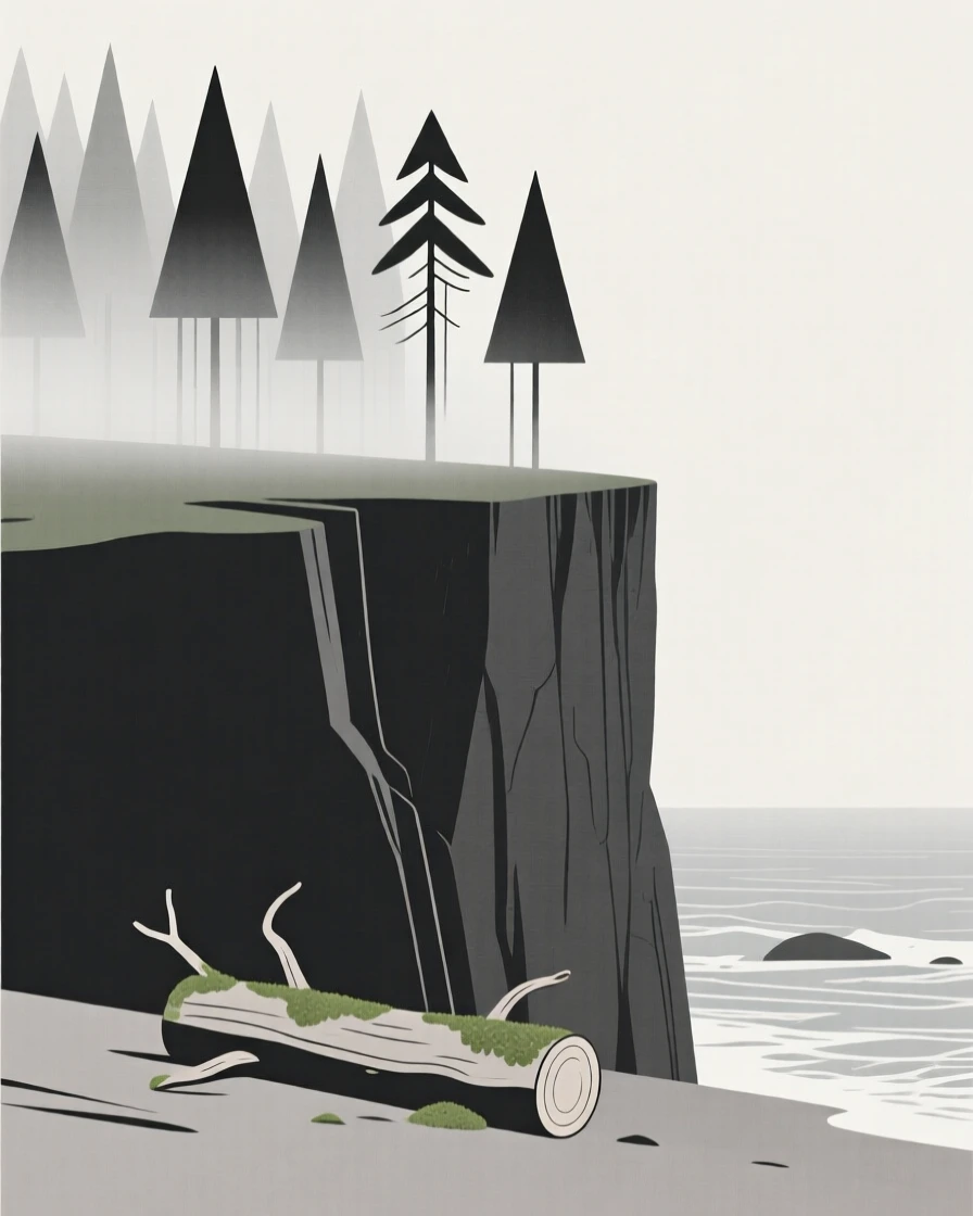 A sea cliff, standing at the edge of a foggy pine forest, with a fallen log covered in moss nearby, evokes gentle stillness.