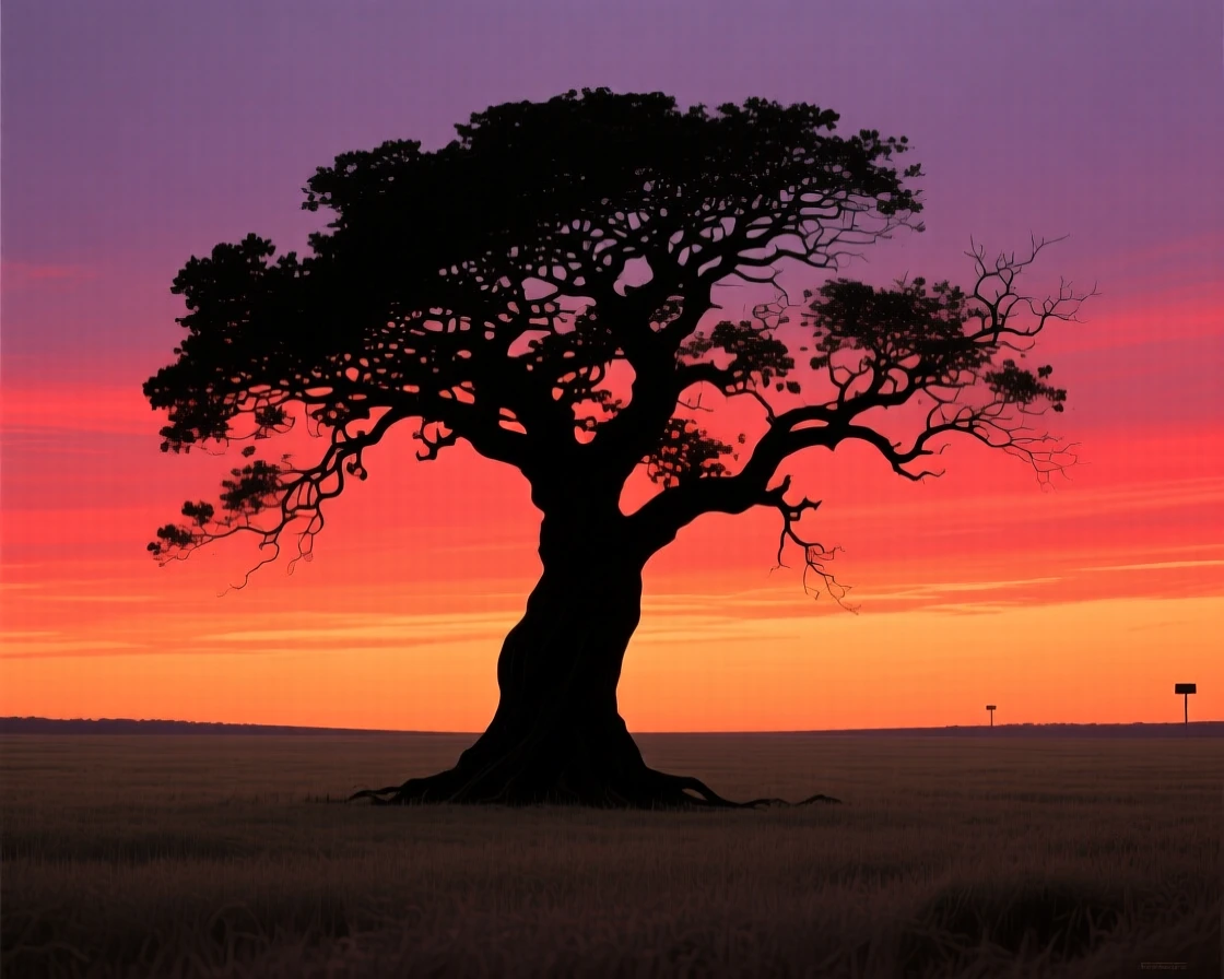 A single ancient tree standing alone in the middle of an open field.