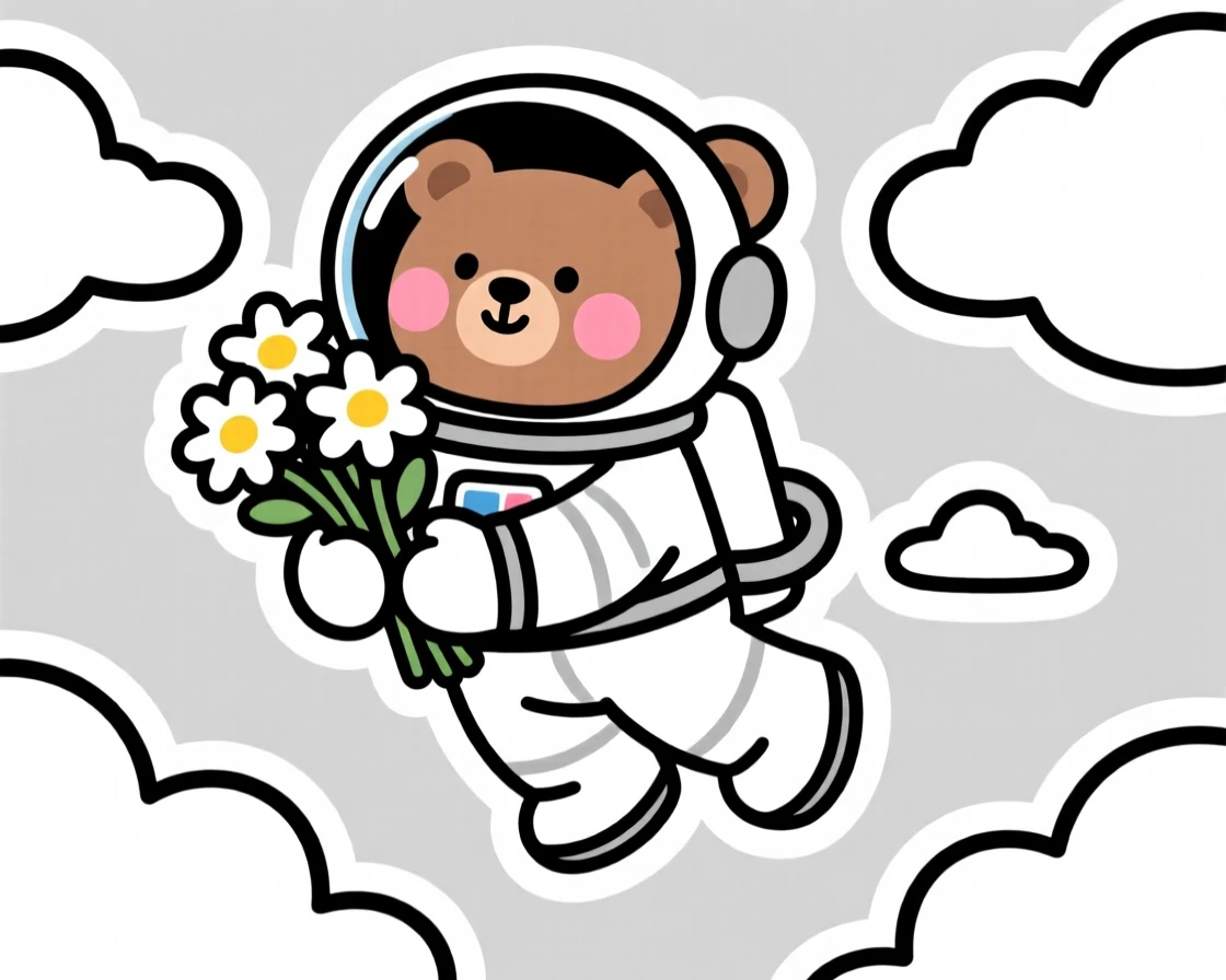 A blushing tiny astronaut bear holding a bouquet of daisies, floating among fluffy clouds.