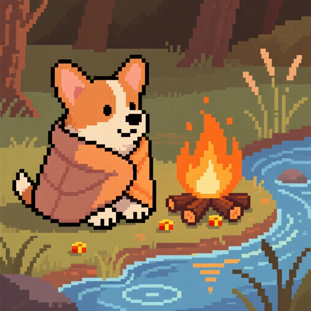 A fluffy corgi puppy wrapped in a blanket by a campfire, beside a bubbling woodland stream.