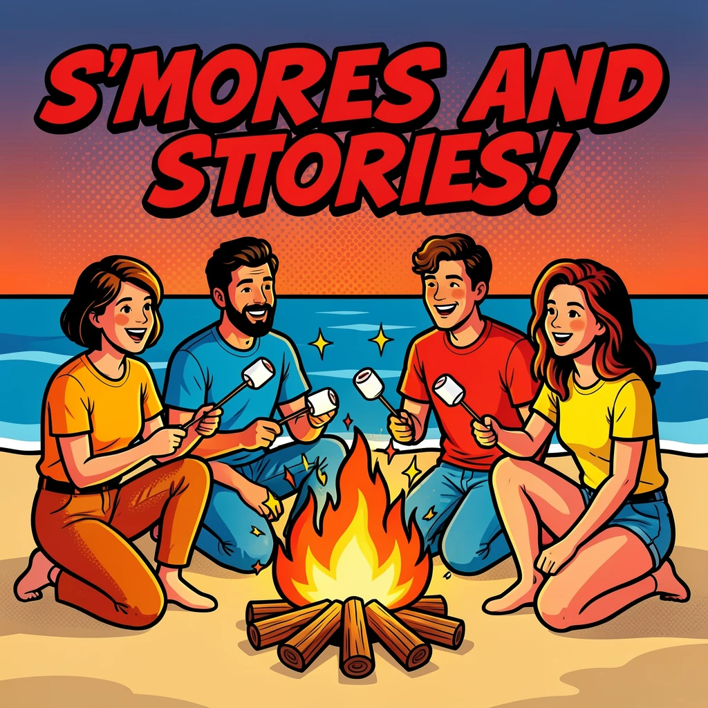 Friends roasting marshmallows around a beach bonfire