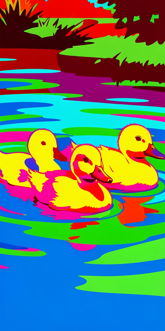Duckling family swimming in a row across a pond