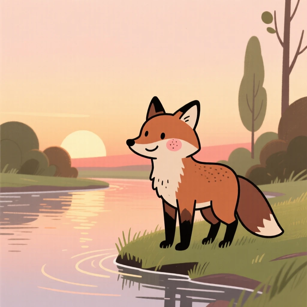 A fox stands at the edge of a quiet riverbank, watching alertly as the setting sun paints the sky in warm colors.