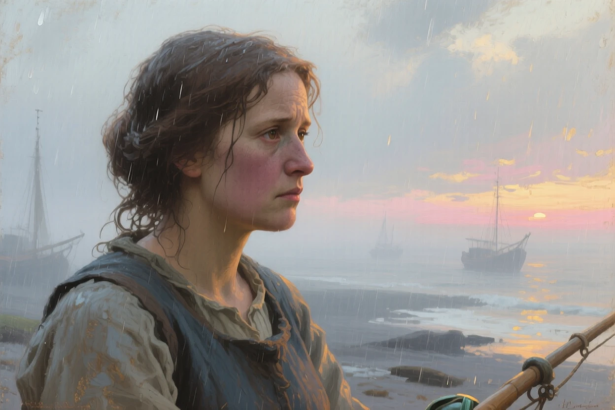 A tightly framed close-up of a fisherman's wife scanning the horizon for returning boats, at dawn, during a light rain.