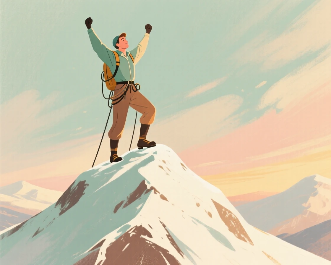 A mountaineer standing triumphant atop a snow-capped peak