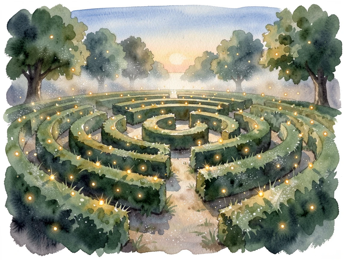 A castle garden maze glowing with fireflies surrounded by sparkling mist.