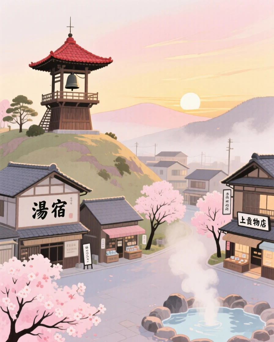 A picturesque view of a Japanese hot spring town with a bell tower overlooking the town square, under a soft sunrise