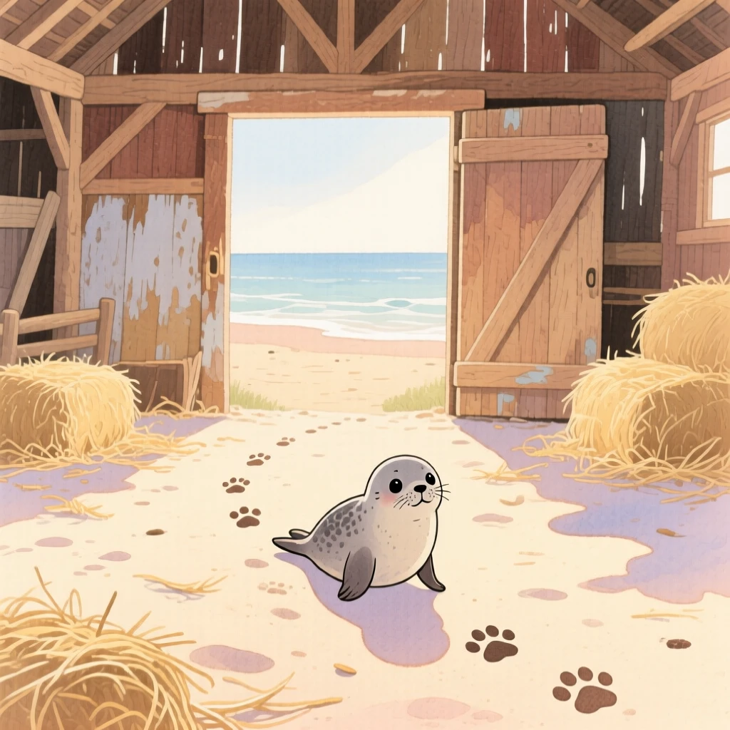 A baby seal following a trail of paw prints across a beach, set in a rustic barn filled with soft hay, sparking a feeling of tender nostalgia.