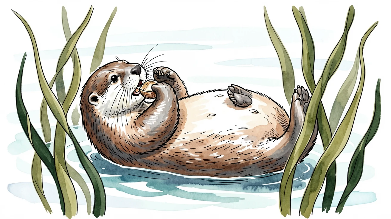 A sea otter cracking open a shellfish while floating on its back among kelp fronds