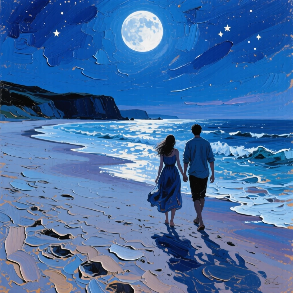 a couple walking along an empty beach, under a full moon, with a clear foreground, subject, and distant setting.