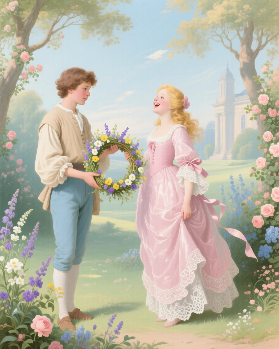 A shepherd boy offering a wildflower wreath to a laughing girl  