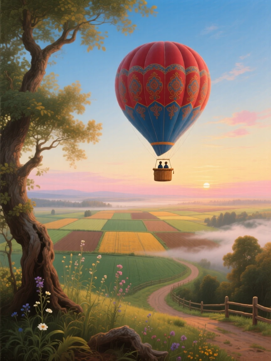 A hot air balloon drifts silently above a patchwork of farmland at dawn.