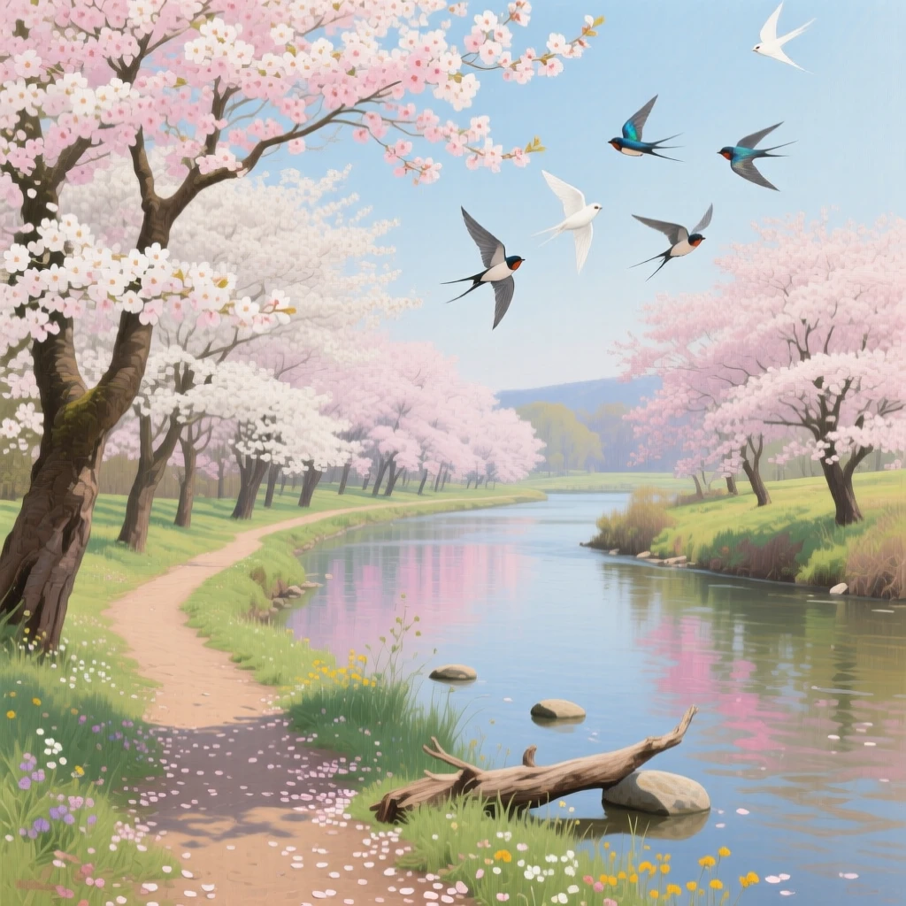 A cherry blossom grove in full bloom along a quiet riverside path, as birds circle gracefully overhead, framed to highlight the vastness and grandeur of the setting